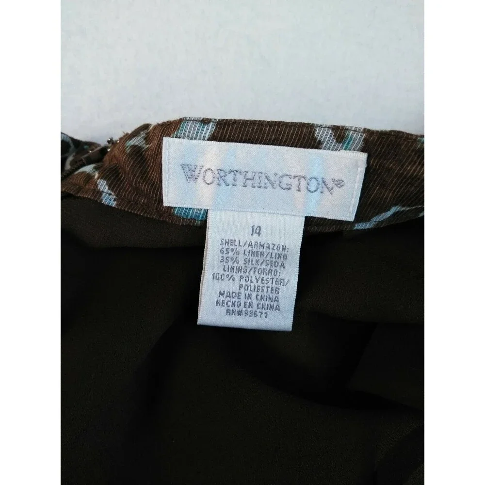 Worthington Womens Skirt Size 14 Flare Pleated Brown Teal Sheer Attached Slip